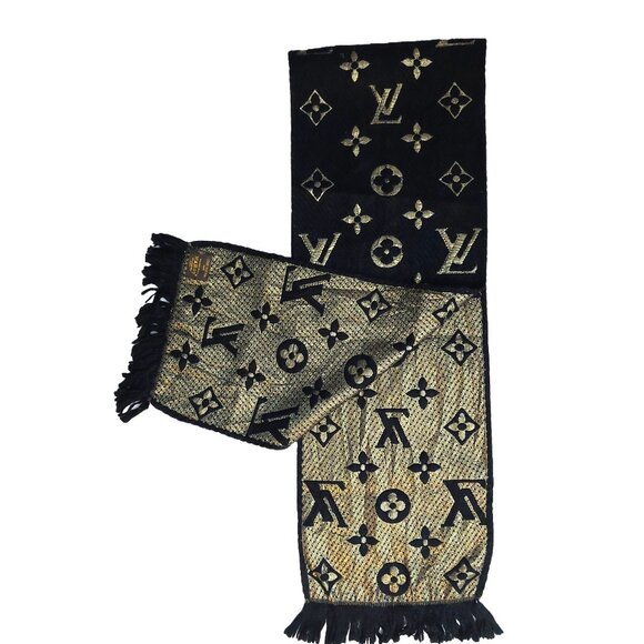 LOUIS VUITTON LV Vintage Black & Gold Monogram Scarf Scarves - Picture 4 of 7